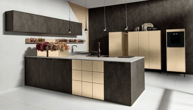 contemporary gold kitchen with large island